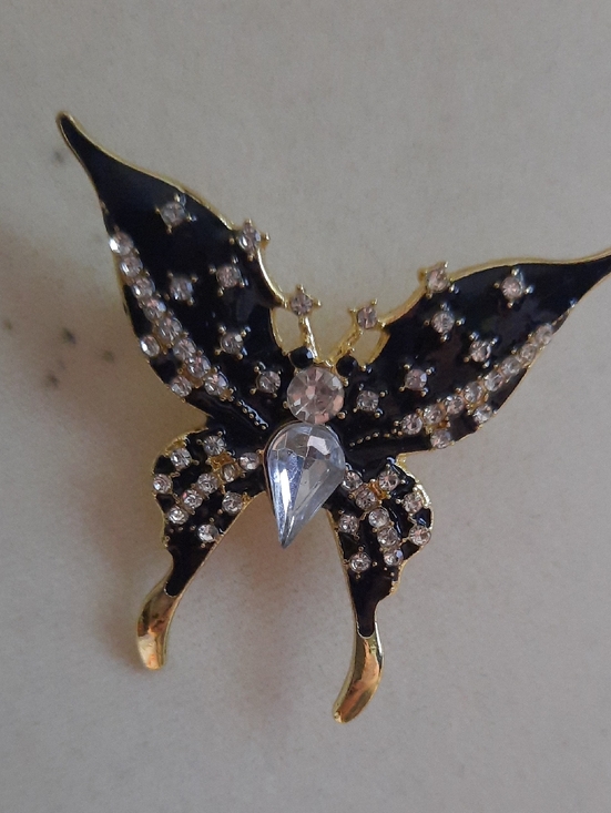 Jewelry - Black Enamel Butterfly Brooch with Clear Crystal Accents